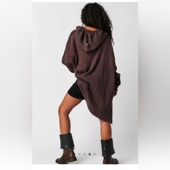Free People One Gannet Hoodie Waffle Knit Front Pocket Side Slits Brown - Picture 2 of 9